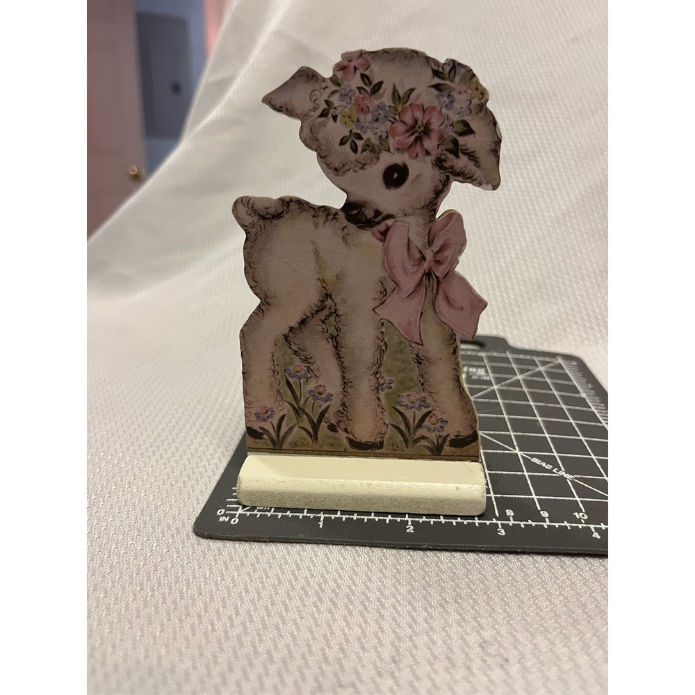 Vintage Style Wooden Lamb Figurine Floral Crown Pink Bow Nursery Decor 4.25in